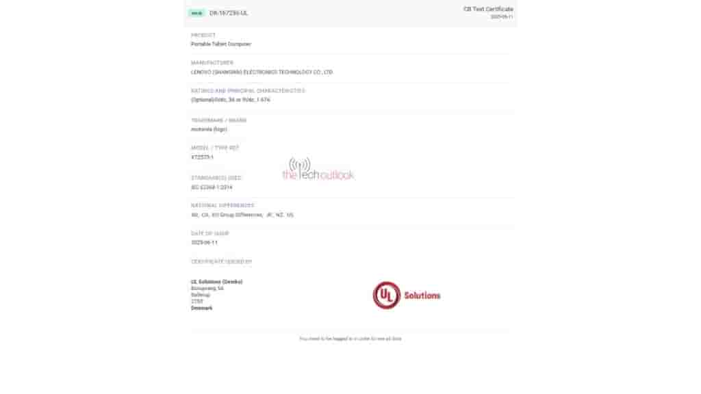 Motorola Moto Pad 60 Lite - UL Demko Certification