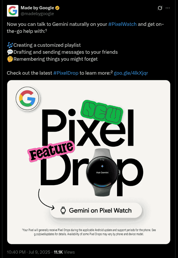 New Pixel Drop Brings Gemini on Pixel Watch - X Post