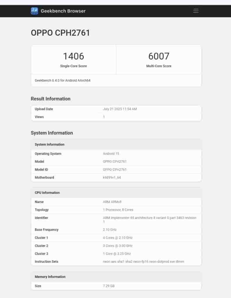 OPPO K13 Turbo (Global - India Variant) - Geekbench Listing (1)