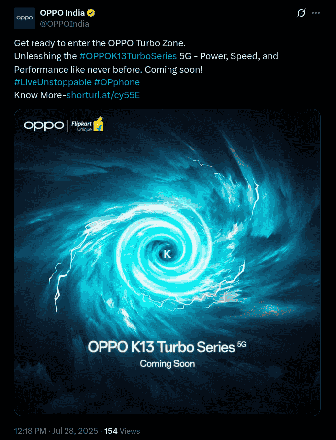 OPPO K13 Turbo Series 5G Officially Teased in India - X Post
