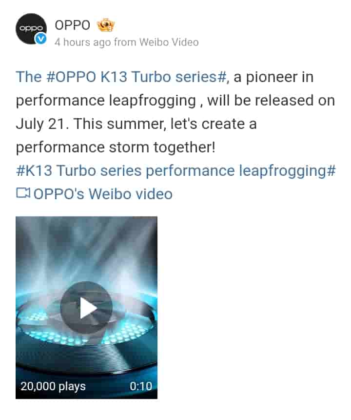OPPO K13 Turbo Series - Weibo Post
