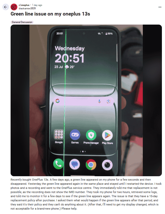 OnePlus 13s Smartphone User Reports Green Line Issue on Reddit - Post