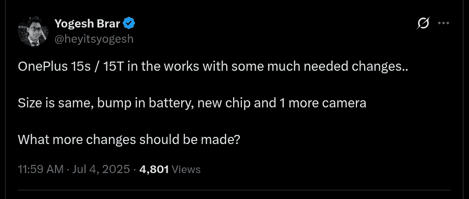 OnePlus 15s or OnePlus 15T Again in Works - New Upgrades Coming