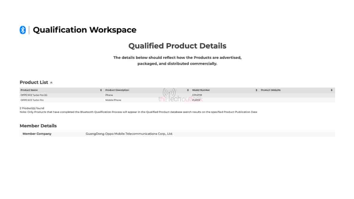 OPPO K13 Turbo Pro (Global Variant) - Bluetooth SIG Certification