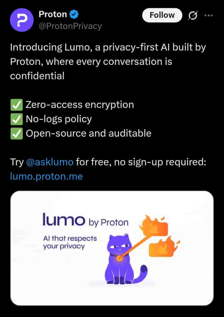 Proton Introduces Lumo, its Privacy-First AI - X Post