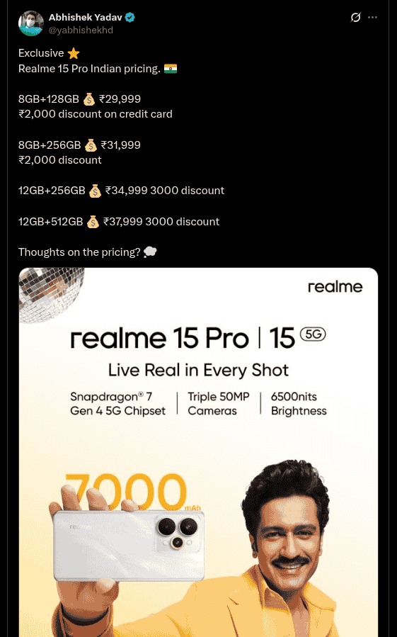 Realme 15 Pro - Tipped Indian Pricing (X Post)