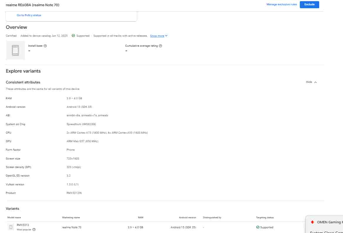 Realme Note 70 - Google Play Console Listing