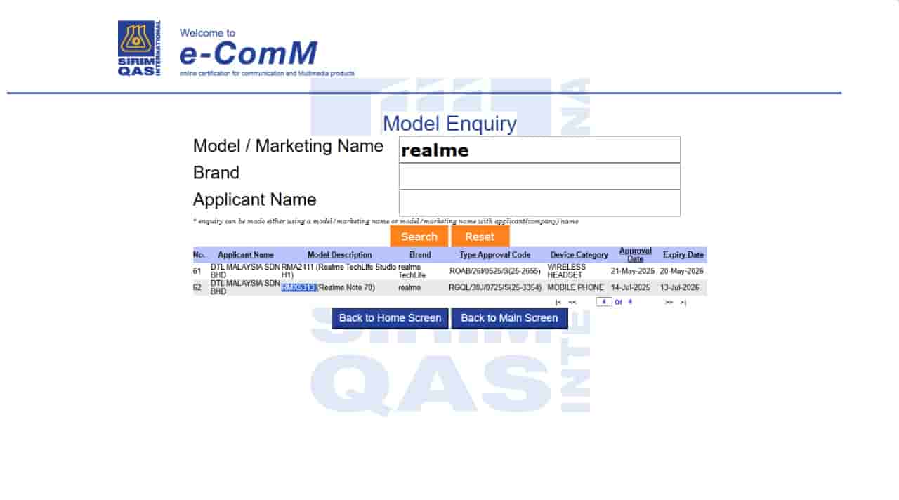 Realme Note 70 - SIRIM Certification