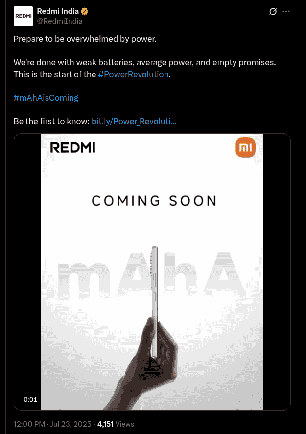 Redmi India Teases the Arrival of a New Smartphone With Larger Battery Backup - X Post