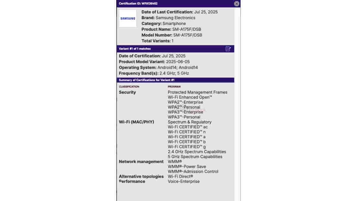 Samsung Galaxy A17 4G spotted on Wifi Alliance
