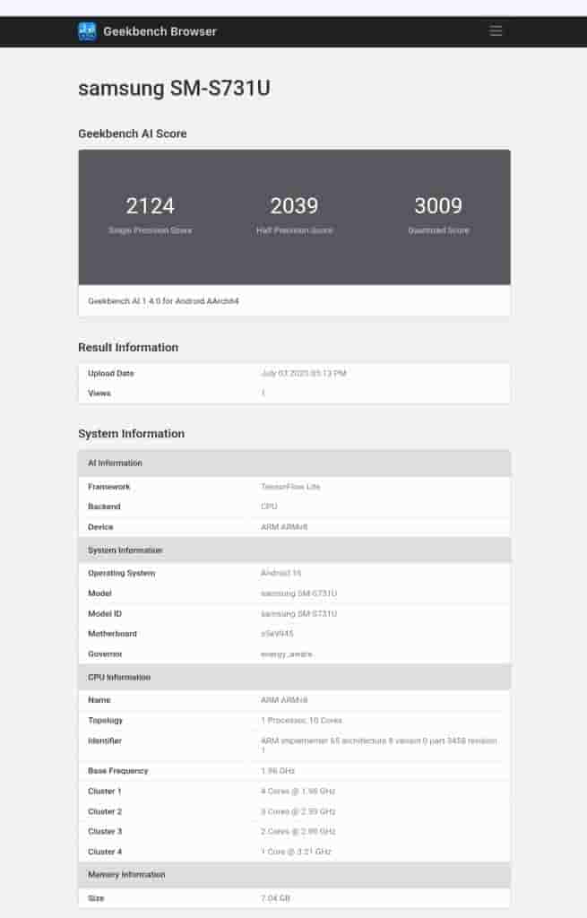 Samsung Galaxy S25 FE - AI Performance Scores