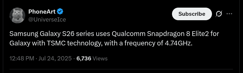 Samsung Galaxy S26 Series Tipped to Use Overclocked Qualcomm Snapdragon 8 Elite 2 Chip - X Post