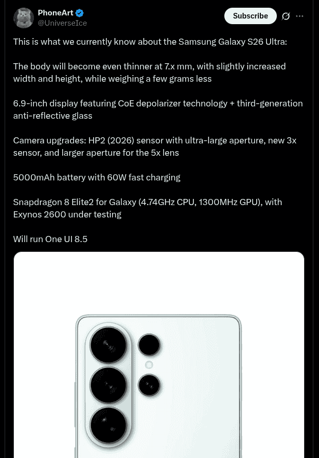 Samsung Galaxy S26 Ultra - Tipped Details