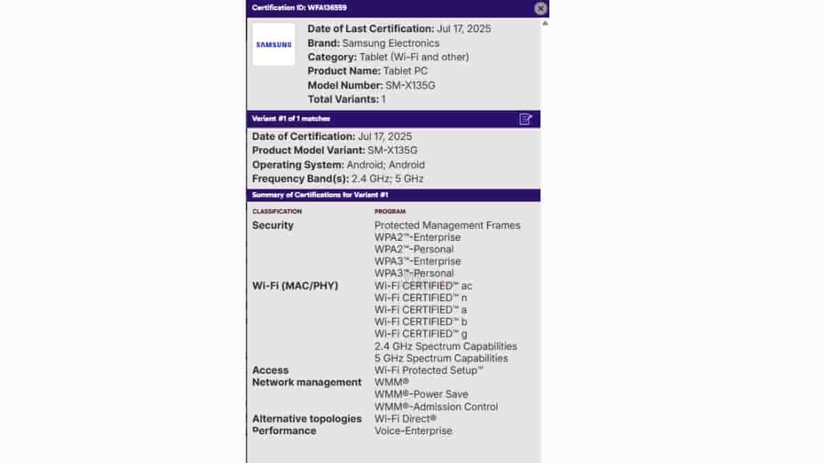 Samsung Galaxy Tab A11 LTE Variant - WiFi Alliance Certification