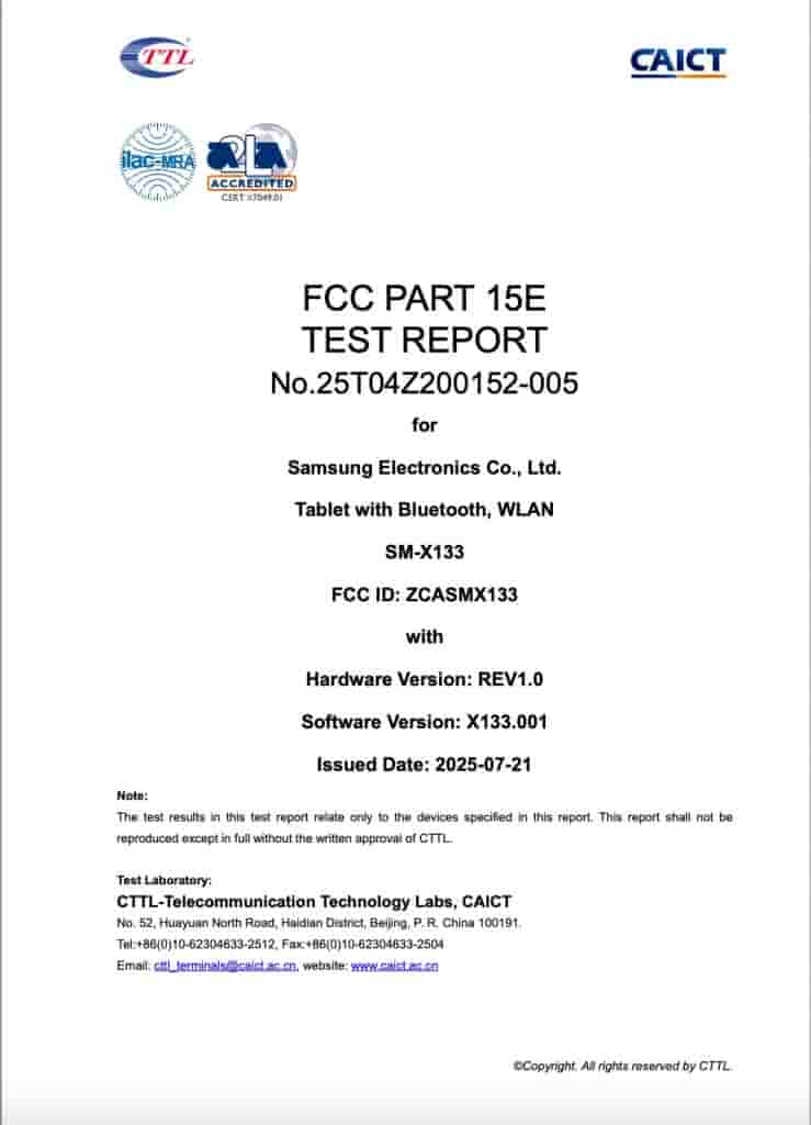 Samsung Galaxy Tab A11 WiFi-Only Version ('SM-X133') - FCC Listing (1)
