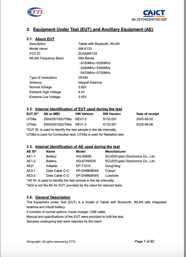 Samsung Galaxy Tab A11 WiFi-Only Version ('SM-X133') - FCC Listing (2)