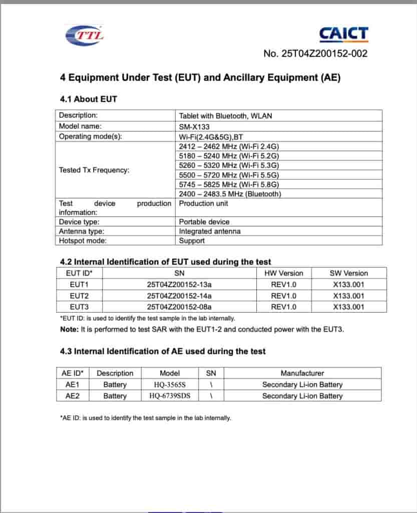 Samsung Galaxy Tab A11 WiFi-Only Version ('SM-X133') - FCC Listing (5)
