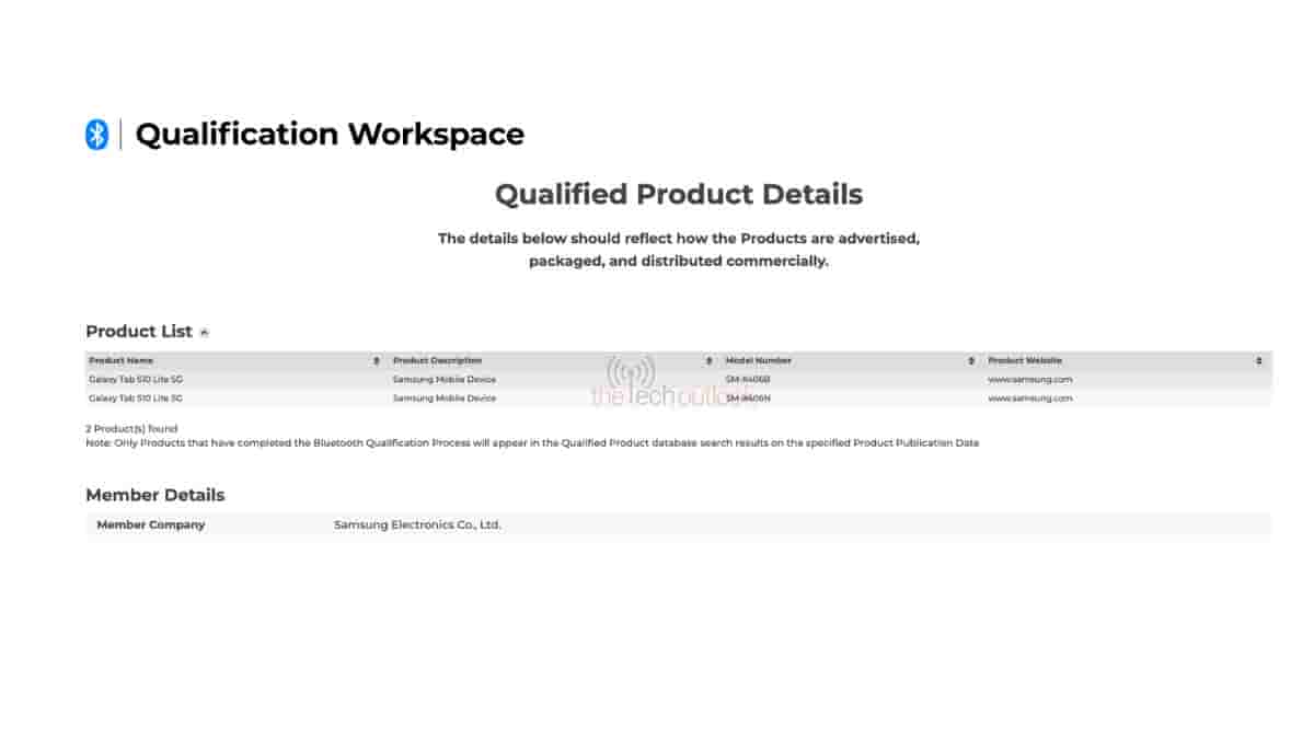 Samsung Galaxy Tab S10 Lite 5G - Bluetooth SIG Certification