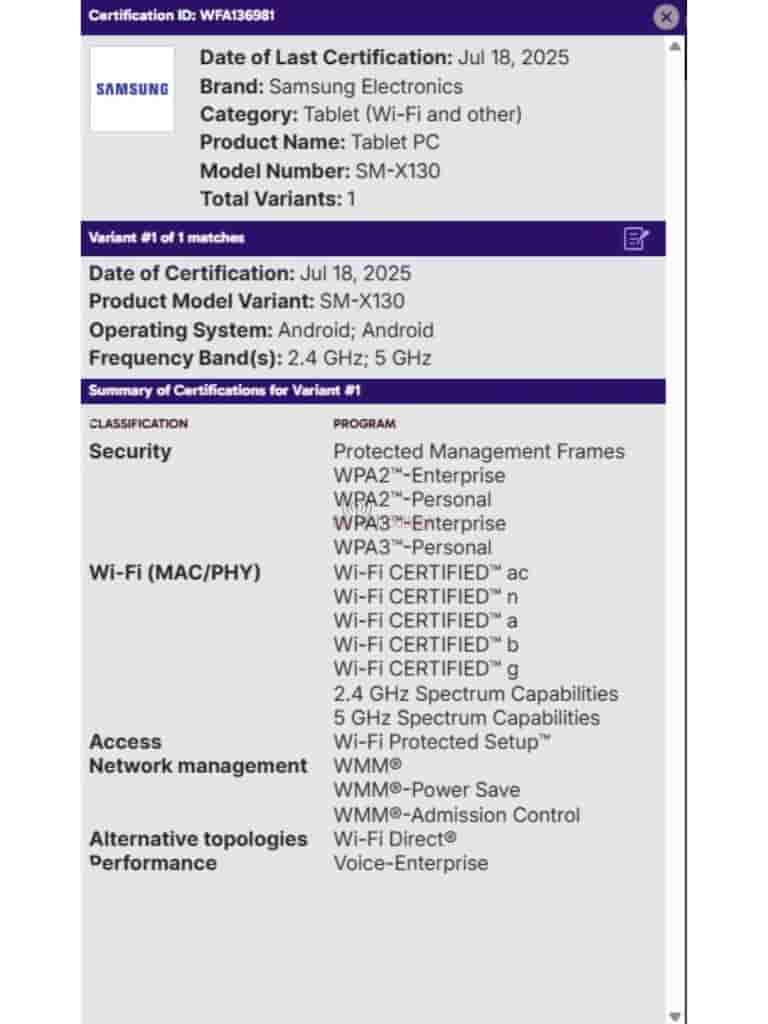 Samsung Galaxy Tab A11 WiFi-Only ('SM-X130') - WiFi Alliance Certification