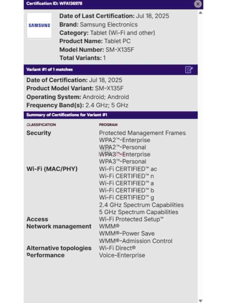 Samsung Galaxy Tab A11 LTE ('SM-X135F') - WiFi Alliance Certification