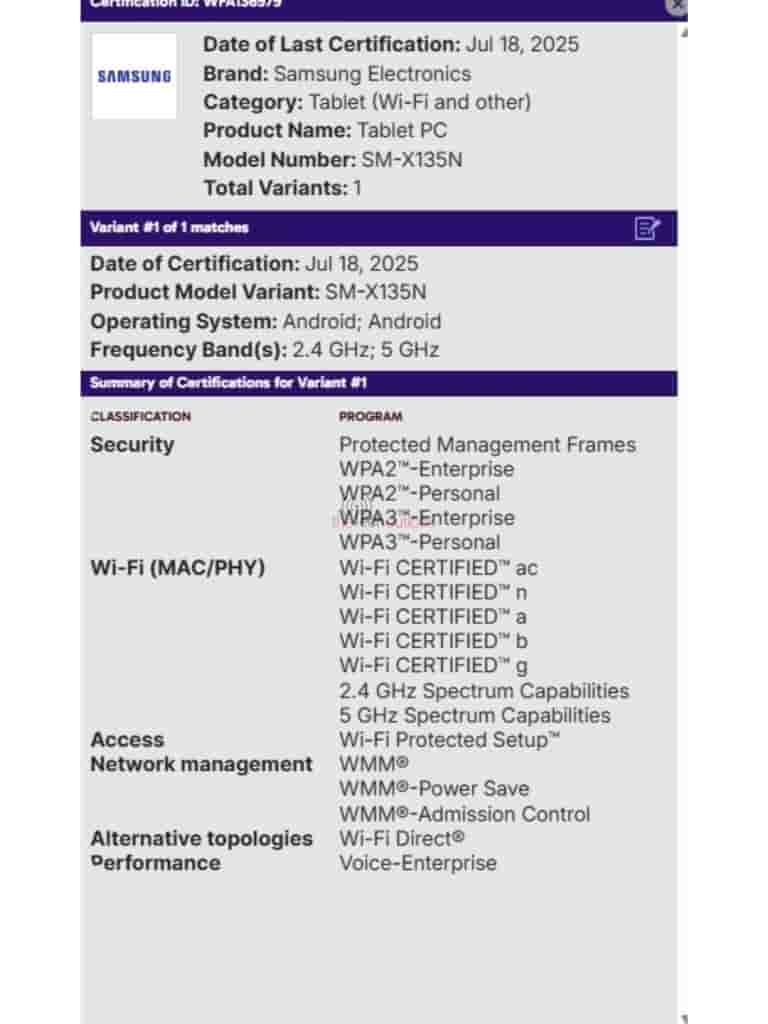 Samsung Galaxy Tab A11 LTE ('SM-X135N') - WiFi Alliance Certification