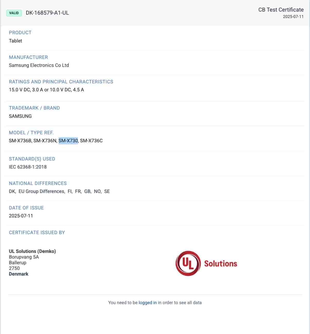 Samsung Tablet Models'SM-X736B','SM-X736N','SM-X730','SM-X736C' - UL Demko Certification