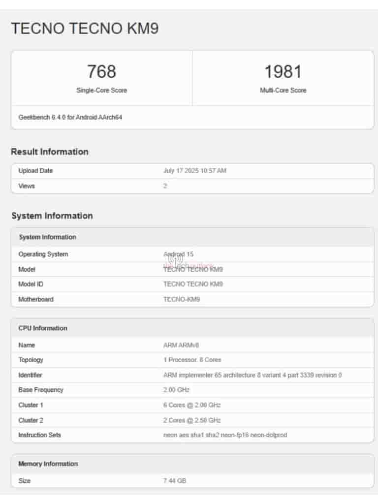 Tecno Pova Slim 5G (KM9) - Geekbench Listing (1)