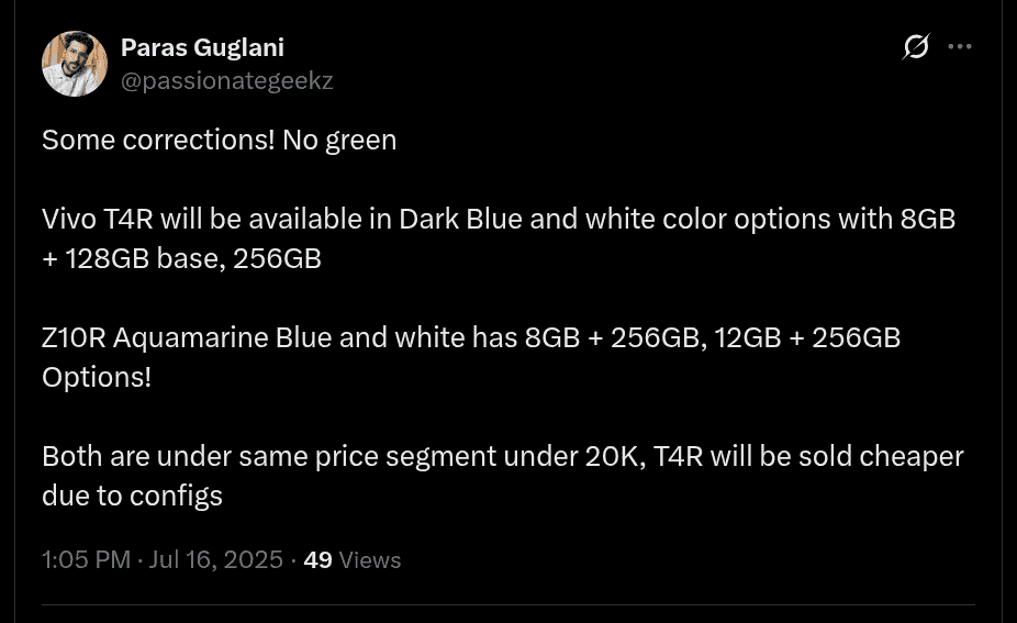 Vivo T4R and iQOO Z10R - Storage Options, Color Choices, and Price Frame Tipped