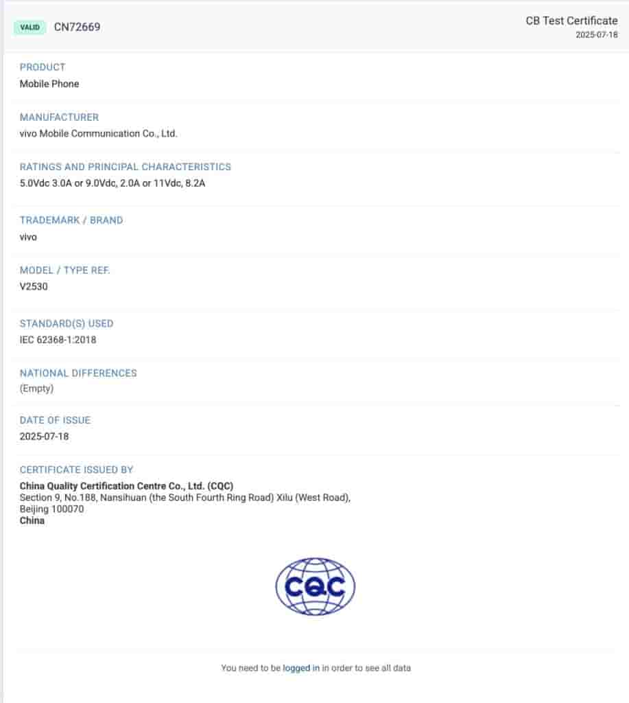 Vivo V60 Lite ('V2530') - CQC Certification