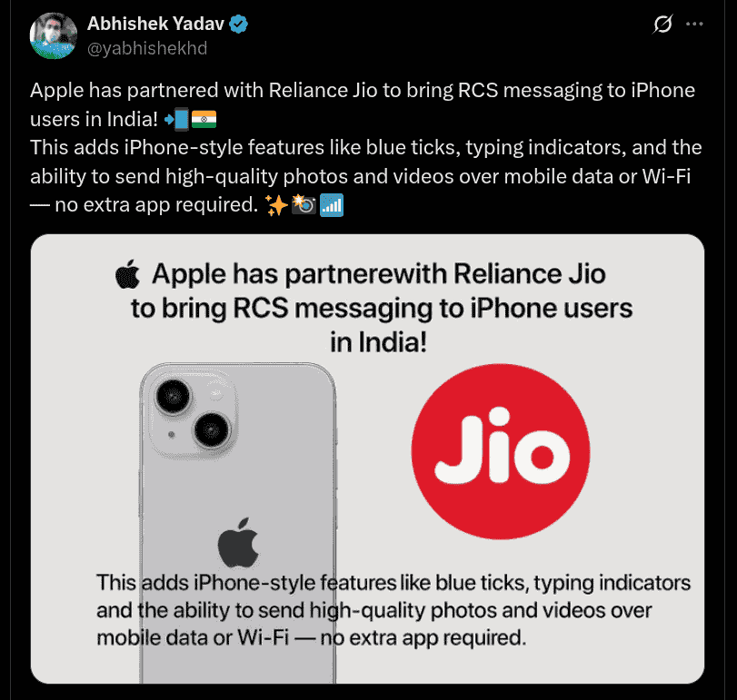 Apple Partners With Reliance Jio to Bring RCS Messaging for iPhone Users in India - X Post