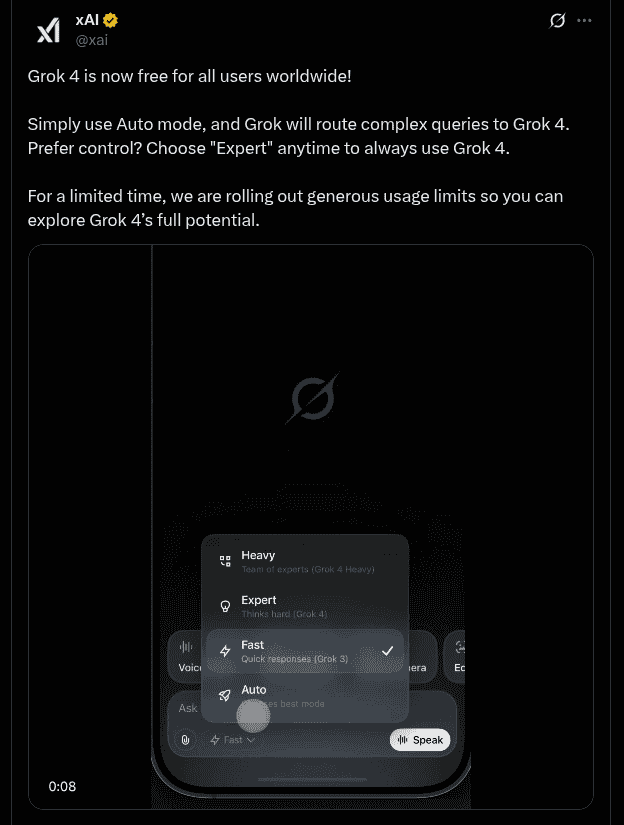 Grok 4 Now Available for Free to All Users Worldwide With'Auto/Expert Mode' - X Post