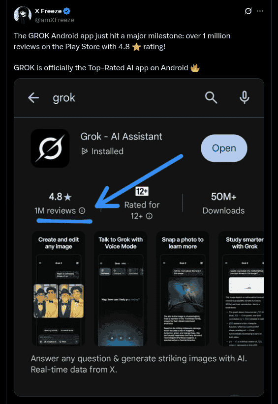 Grok Android App Gets 1 Million+ Reviews on Play Store With 4.8 Star Rating - X Post
