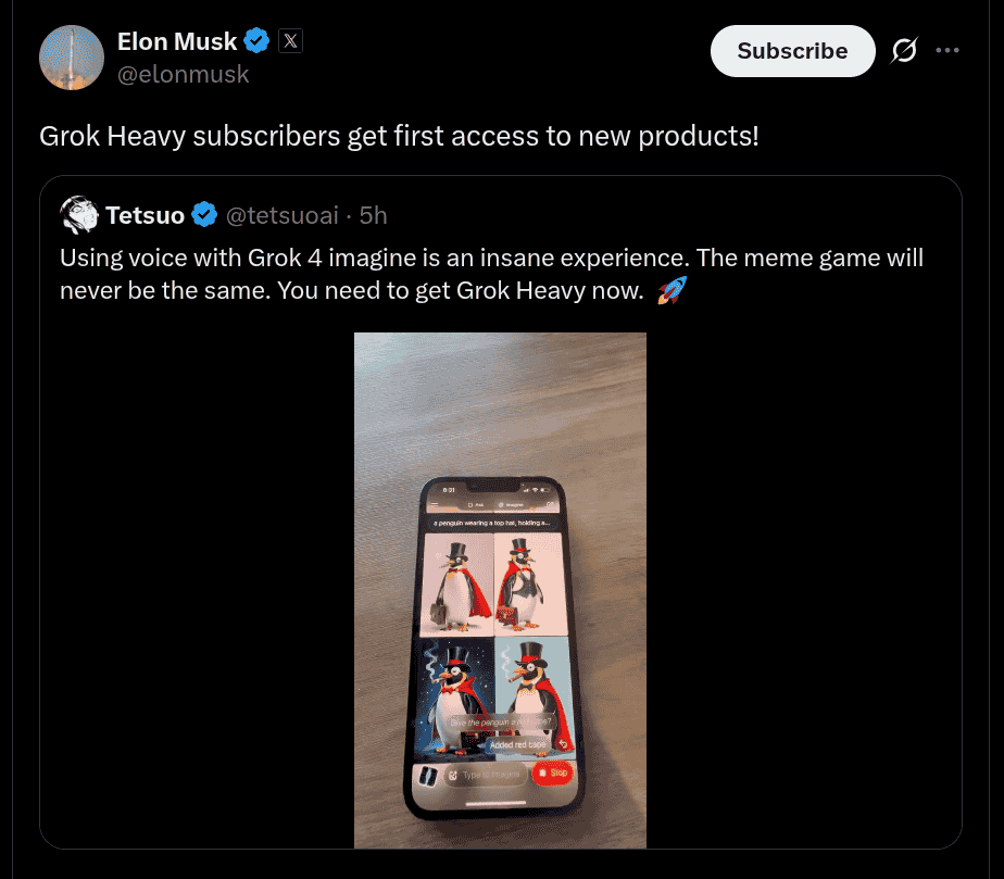 Grok Heavy Subscribers Get First Access to New Products - X Post