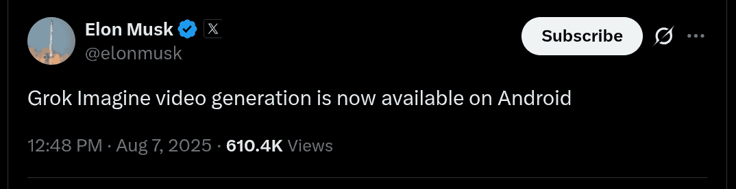 Grok Imagine Video Generation Now Available on Android - X Post