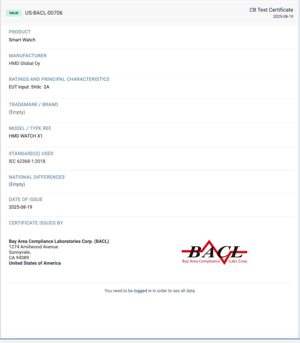 HMD Watch X1 - BACL Certification