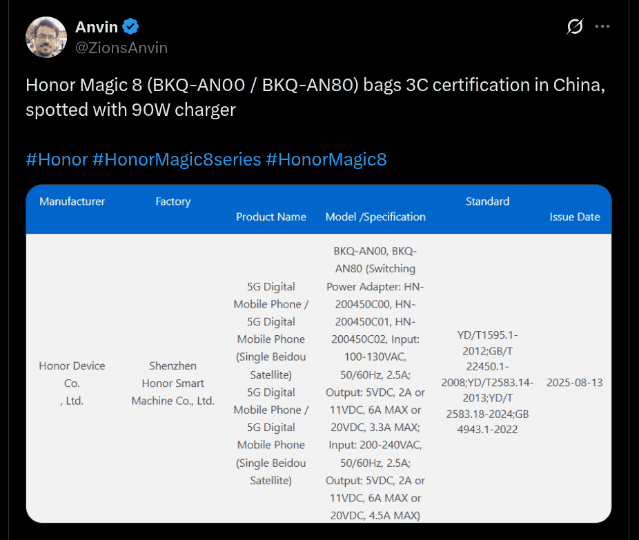 Honor Magic 8 (BKQ-AN00 / BKQ-AN80) - 3C Certification (X Post)