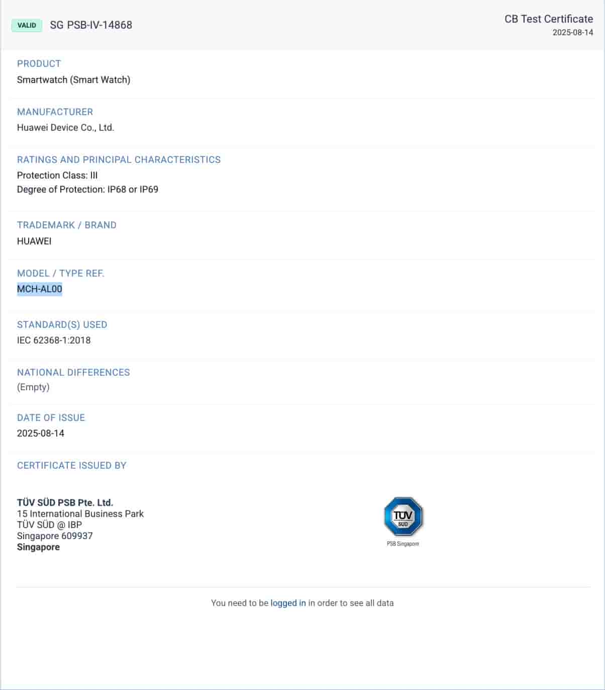 Huawei'MCH-AL00' Smartwatch - TUV SUD Certification