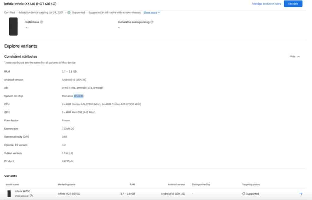 Infinix HOT 60i 5G (X6730) - Google Play Console Listing