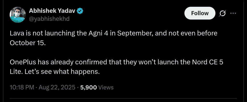 Lava Agni 4 and OnePlus Nord CE 5 Updates - X Post
