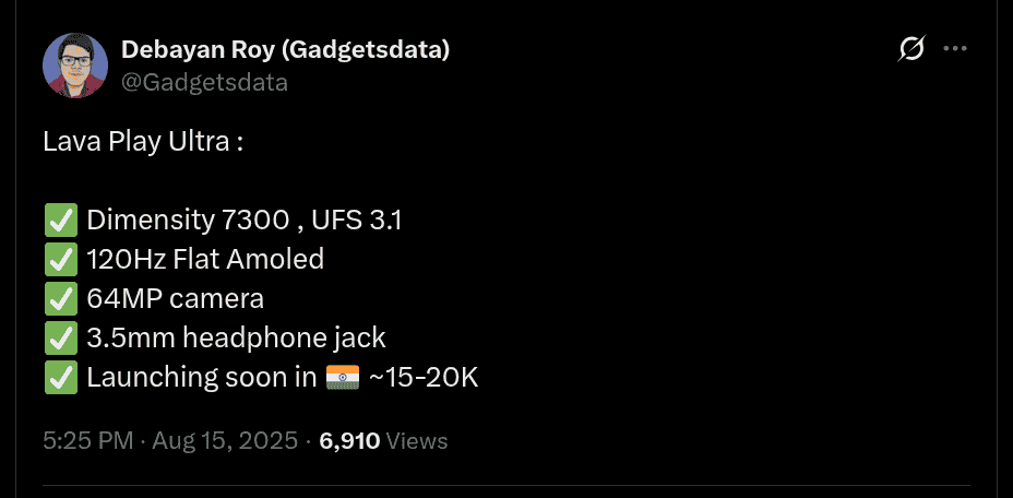 Lava Play Ultra - Tipped Key Specs