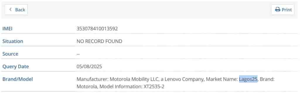 Motorola Smartphone (XT2535-2) - IMEI Listing