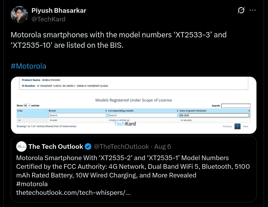 Motorola'XT2533-3' and'XT2535-10' Smartphones Spotted on the BIS Certification Platform of India - X Post