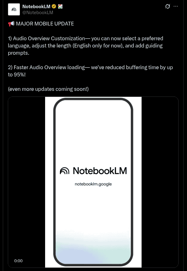 NotebookLM - Major Mobile Update (X Post)