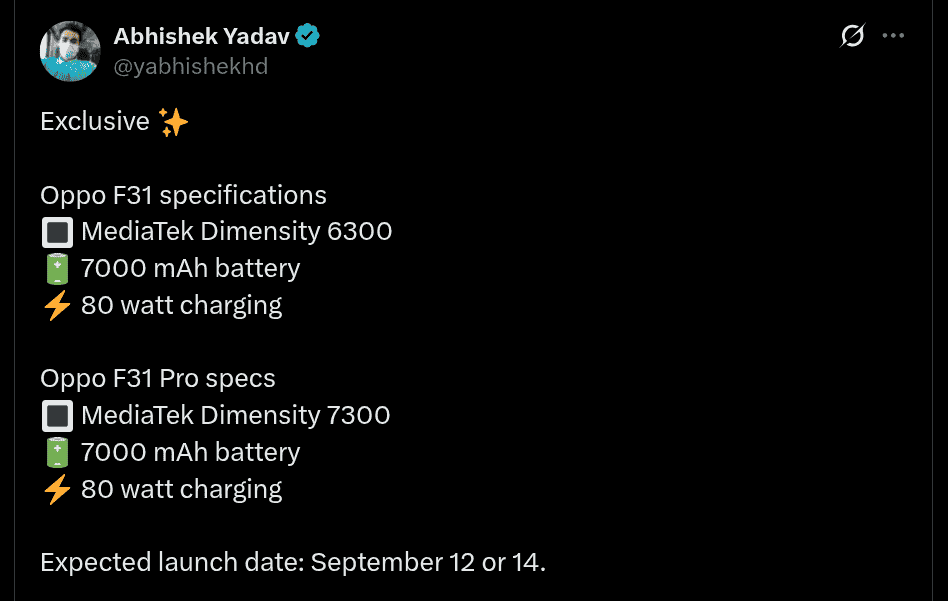 OPPO F31 and F31 Pro - Tipped Processor, Battery, and Charging Specs