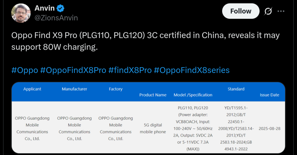 OPPO Find X9 Pro - 3C Certification