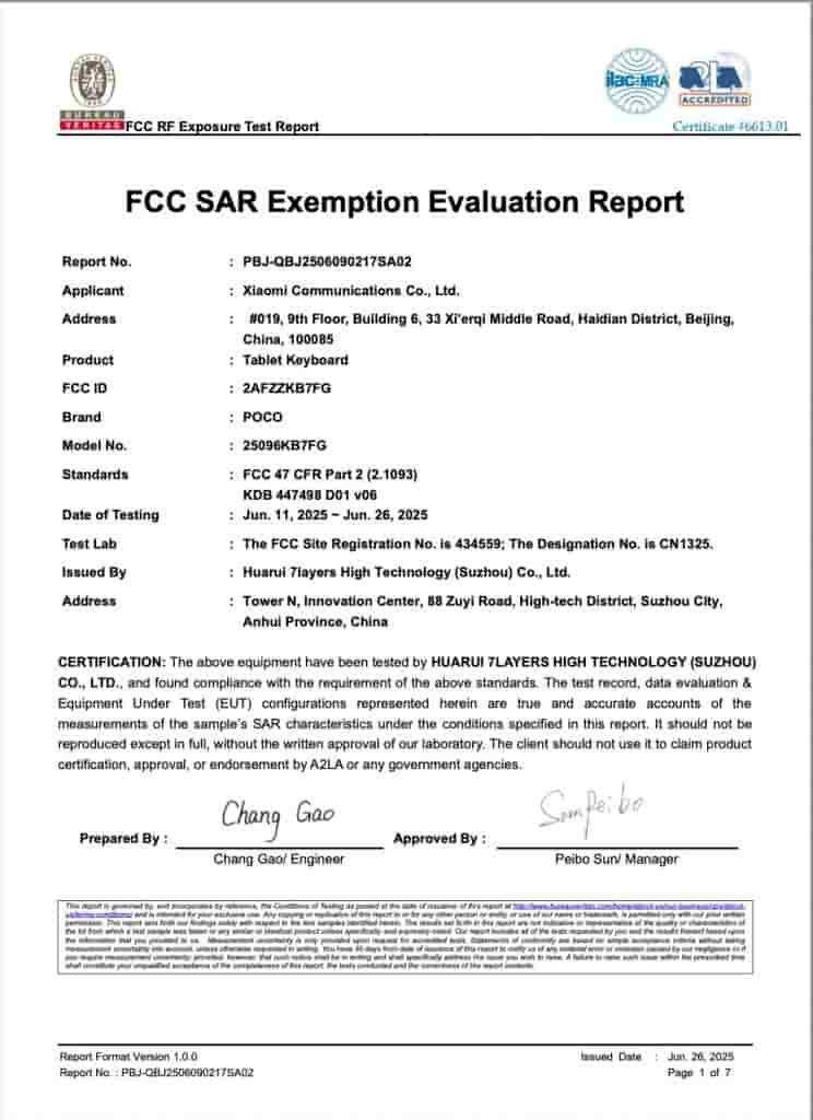 POCO '25096KB7FG' Tablet Keyboard - FCC Certification