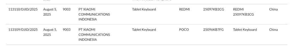 Redmi '25097KB3CG' and POCO '25096KB7FG' Tablet Keyboards - SDPPI Certification