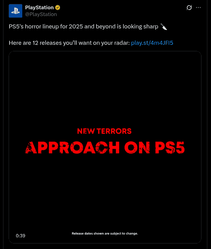 PS5 Horror Lineup for 2025 Launch Announced - X Post