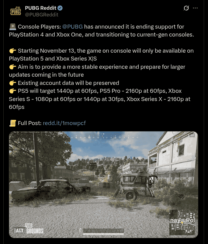 PUBG Ends Support for PlayStation 4 and Xbox One - X Post