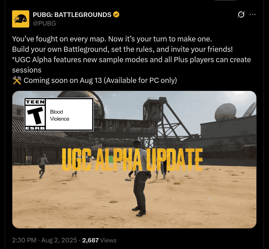 PUBG UGC Alpha Update - X Post